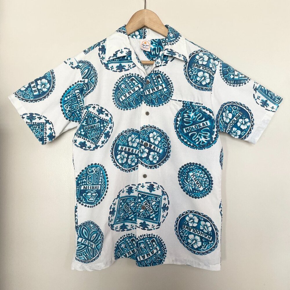 Vintage Sun-Dek of Hawaii Blue White Hawaiian Aloha Shirt Sz S